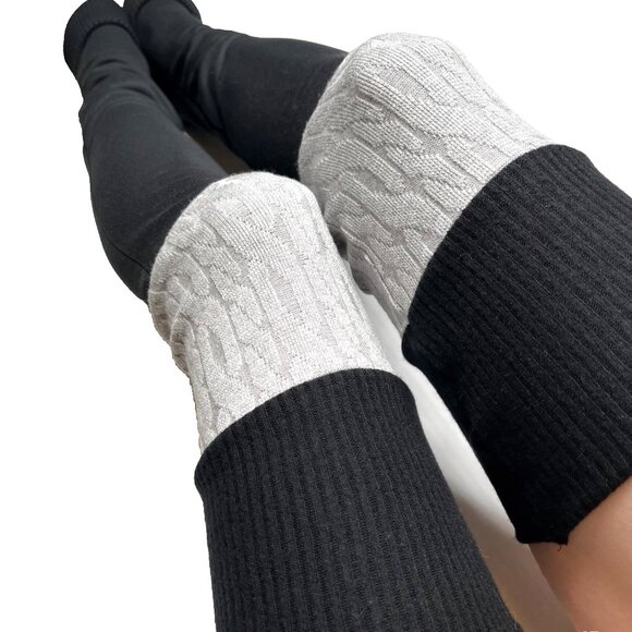 Patchwork Leg Warmers Gray Black Warm Thigh Highs Slouch Socks Fleece Knee Socks - Picture 1 of 11